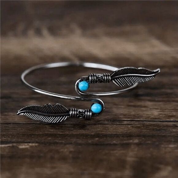 Boho Silver Turquoise Feather Open Bangle Arm Cuff Bracelet - Picture 1 of 4
